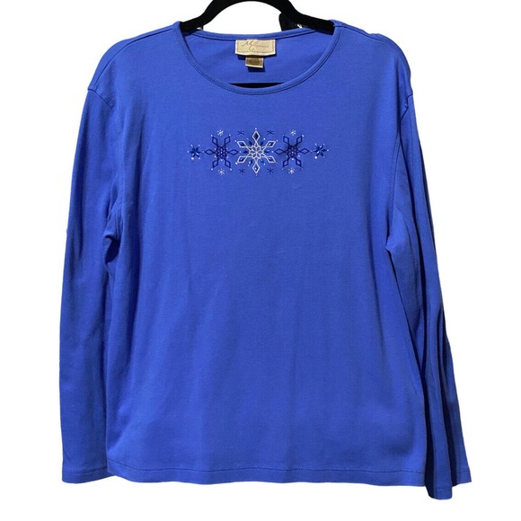 M & C SPORTSWEAR Womens XL Long Sleeve Embellished Blue Christmas Pullover - Picture 1 of 8